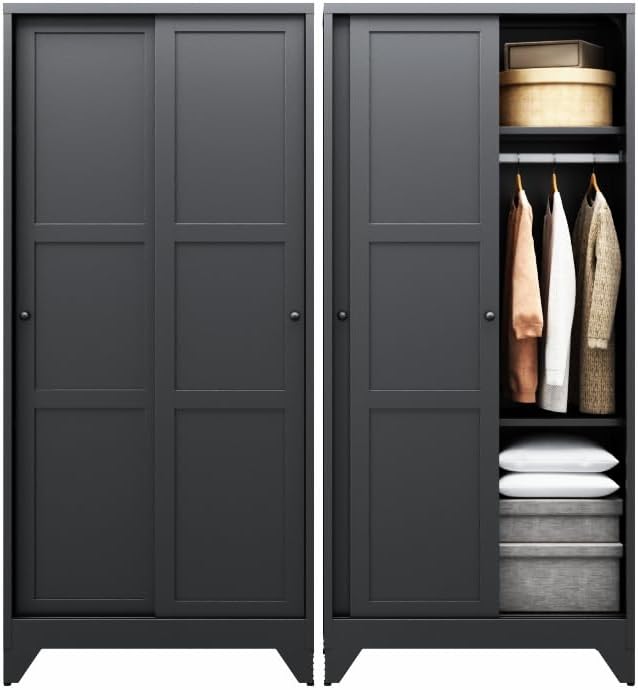 Letaya Metal Wardrobe Cabinets,68" Tall Armoire Wardrobe Closet with Sliding Barn Doors and Shelves,Large Coat Closet Cabinet with Hanging Rod,Clothing Storage Cabinets for Home Room (Black)