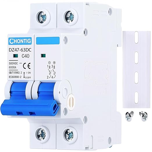 40 Amp Miniature DC Circuit Breaker 500V 2 Pole, Solar PV Disconnect Switch with Thermal Magnetic Trip, DIN Rail Mount Isolator C40
