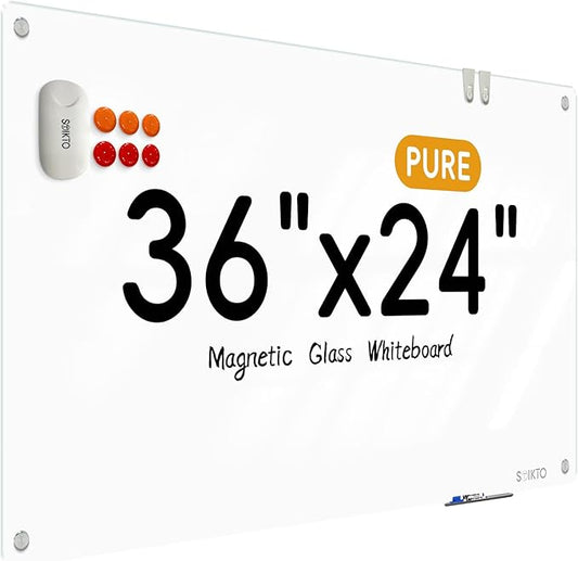 Glass Whiteboard - Glass Dry Erase Board 36" x 24" Magnetic Pure White Board Glass Writing Board White Boards for Walls Wall Office Home