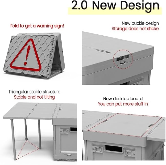 Folding Storage Camping Box with Table,3 in 1 Lightweight Camp Storage Box with Parking Warning Sign,Portable Foldable Compartment Table for Indoor, Outdoor, Fishing, BBQ, Picnic, Gray