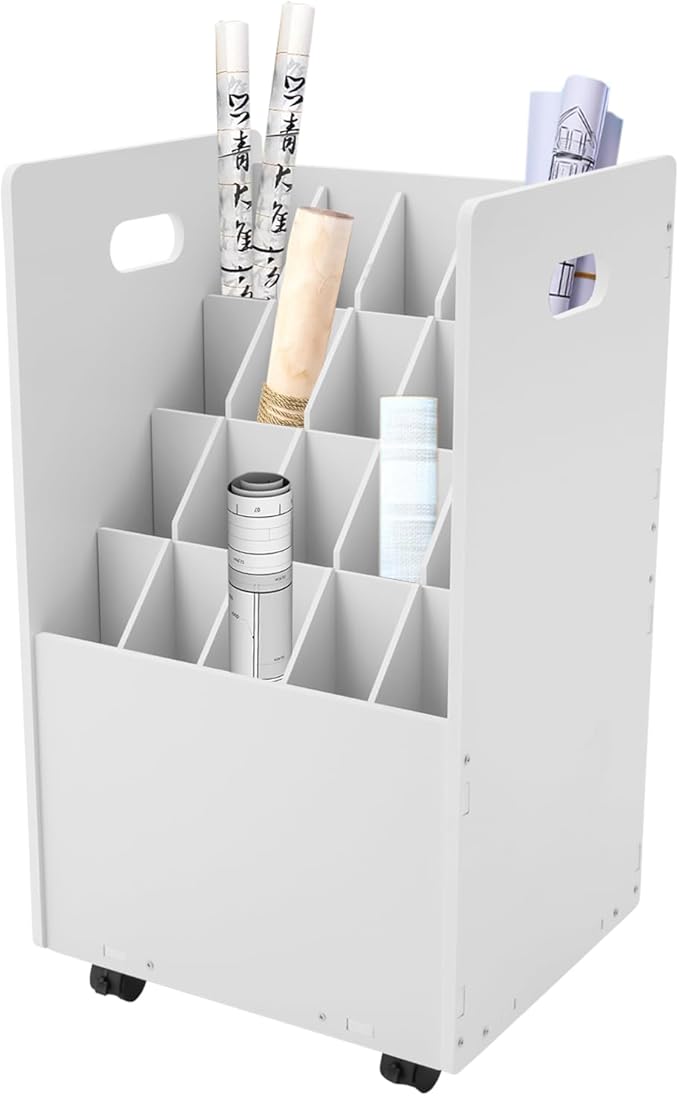 Blue Print Storage Organizer, 20 Slot Mobile Roll File Cart, Construction Plan Holders, Blueprint Cabinet with Wheels for Office Home Library