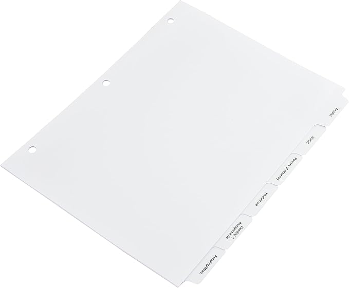 Exhibitindexes® Estate Planning Dividers – White 6-Tab Set for 3-Ring Binders | Keep Important Documents Organized | Made in The USA