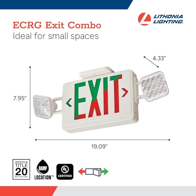 Lithonia Lighting Basics LED Exit Sign/Emergency Light Combo, Red/Green Switchable Exit Sign and Emergency Lights for Business, 2-Head Fixture, Square Lights, Remote Capacity, White (ECRG HO SQ M6)
