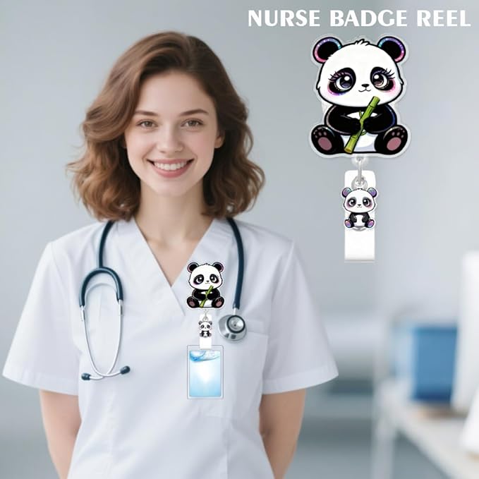 Cute Panda Badge Reel for ID Card, Funny Animal Panda Retractable Nurse Alligator Clip Badge Reel for Women, ID Name Tag Badge Holder for Office School Hospital Nurses Doctors Teachers
