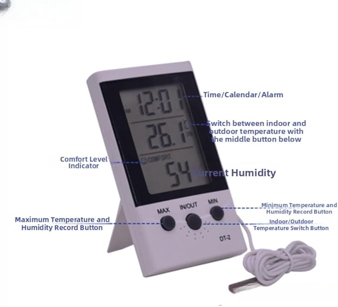 Digital Hygrometer, Digital Thermometer Hygrometer DT 2 With Alarm Clock & Fast Response Sensor For Indoor For Temperature & Humidity Monitoring