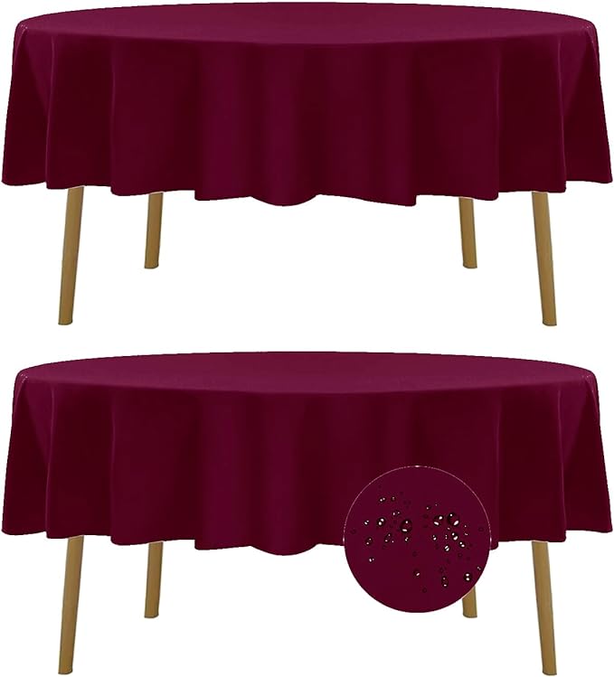 Fokitut 2 Pack Waterproof Round Tablecloth, 90 Inch, Stain Resistant and Wrinkle Polyester Table Cloth, Fabric Table Cover for Kitchen Dining, Wedding, Party, Holiday Dinner-Burgundy