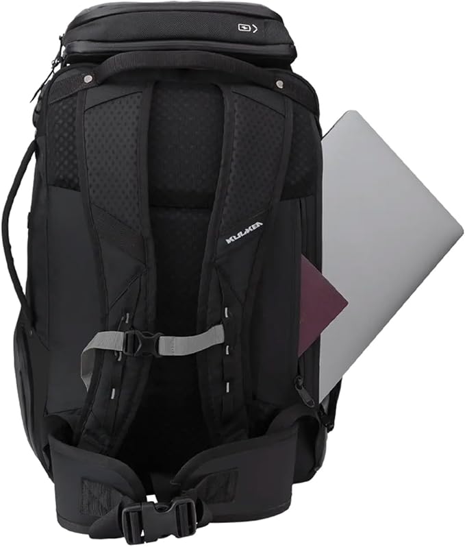Käydä 44L Travel Backpack - Spacious Carry On Backpack with Detachable Travel Pouch, Magnetic Water Bottle Pocket, Passport and Laptop Pocket - Convertible Boot Bag for Snow Sports (Black/Silver)