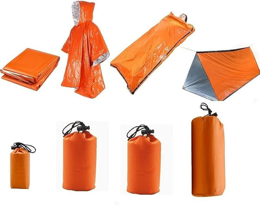 Survival kit 4 Pack, 1 Emergency Tent 1 Emergency Sleeping Bag 1 Mylar Blankets 1 Poncho with 4 Tac Bags for Outdoor Carcar Kits, Camping, Hiking Reuse Emergency Shelter.(Orange)