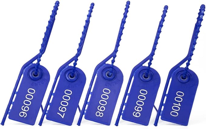 100 Plastic Tamper Seals Numbered Label Tags Pull Tite Security Seals Adjustable Length Breakable Tags Secure Inspection Tags for Fire Extinguishe Pin, First Aid Kits (Blue)