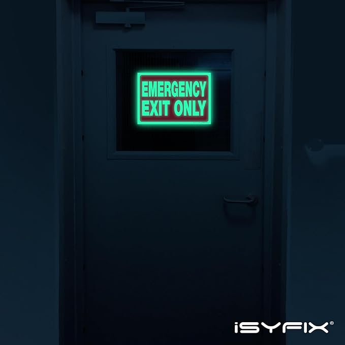 iSYFIX Emergency Exit Only Glow in the Dark Sign Stickers – 2 Pack 10x7 Inch – Photoluminescent Vinyl, Laminated for UV, Weather & Fade Resistance, for Business, School, Office, Warehouse