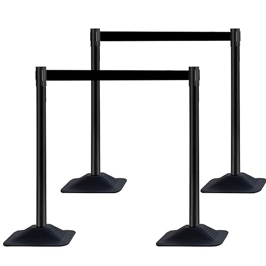 BESEA 4 Pack 36" Black Crowd Control Barriers with 10FT Retractable Belt, Heavy Duty Rectangle Base Stanchions for Queue Management, Event, Hotel, and Airport Use