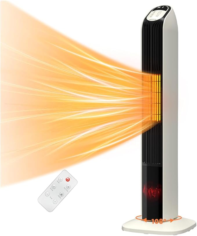 VCJ 33” Space Heater for Indoor Use, 1500W PTC Ceramic Electric Heater with Thermostat, Remote, 12H Timer, 108°Oscillation, LED Display Quiet Portable Heater for Bedroom Office