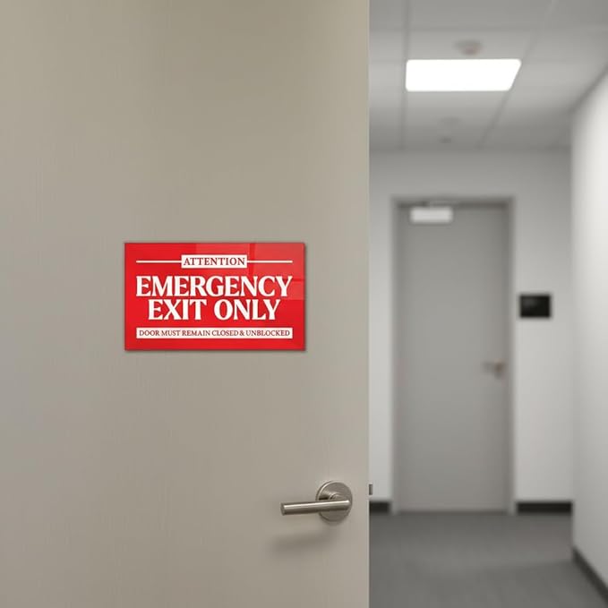 Premium Acrylic Emergency Exit Only Sign, Made in USA, 7.0x4.25 Emergency Exit Sign, Vibrant Red In Case of Fire Exit Signs for Business, Door Must Remain Closed & Unblocked Signs with Stickers