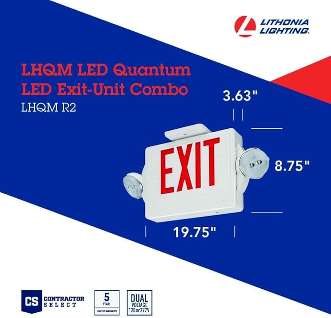 Lithonia Lighting Quantum LED Exit Sign/Emergency Light Combo, Exit Sign and Emergency Lights for Business, 2-Head Fixture, Red Letters, High Output Battery Backup, White (LHQM LED R HO M6)