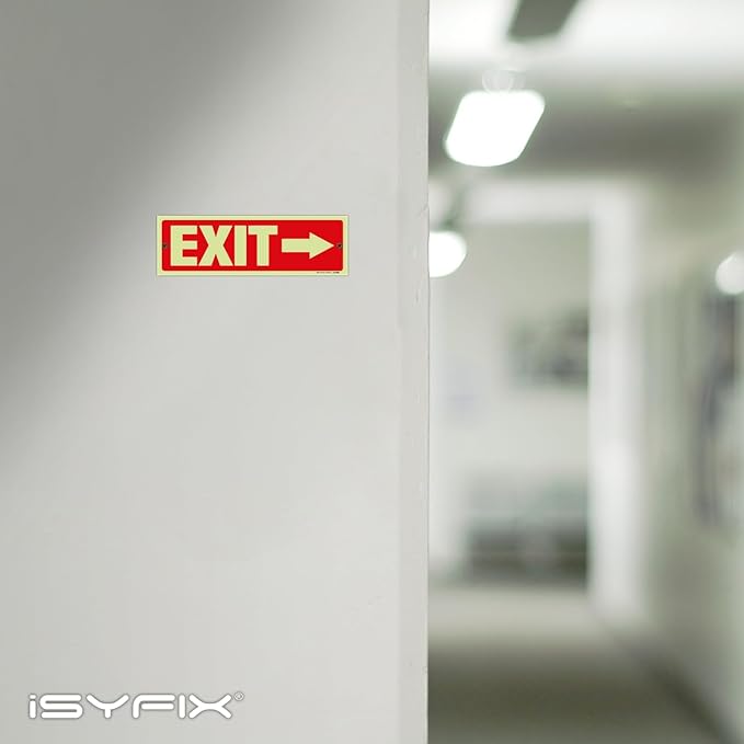 iSYFIX Exit Signs with Directional Right Arrow - 6 Pack 12x4 Inch Glow in the Dark for Business, School, Office, Warehouse - Durable 40 Mil Polystyrene, UV Laminated, Waterproof, Scratch & Fade Resistant