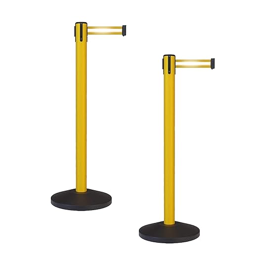 Crowd Control Warehouse - CCW Set of 2 Safety Retractable Belt Barrier Stanchion, Sloped Base, Yellow Post, RBB-100-7.5 ft Belt, Yellow with Horizontal Reflective Stripe Belt