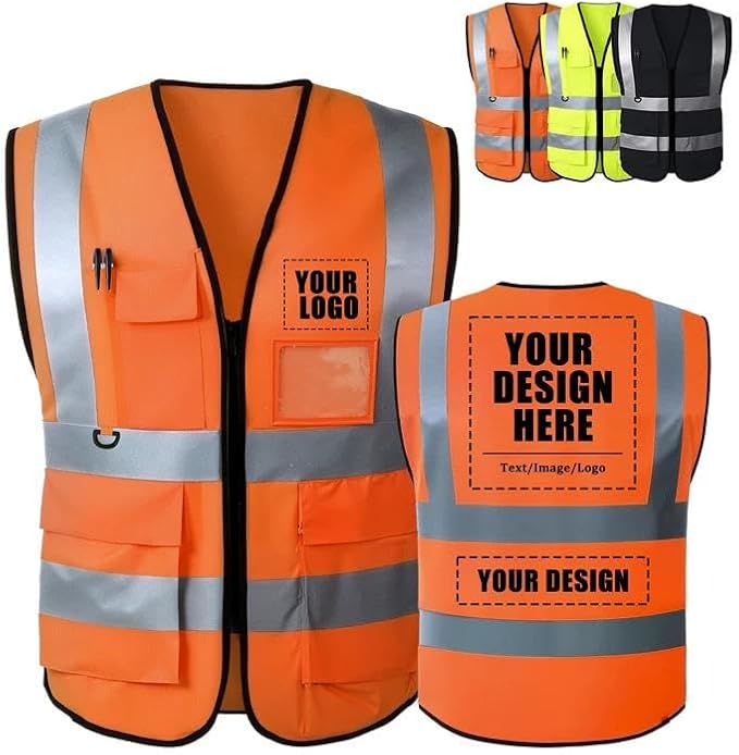 Custom Safety Vest with Logo, High Visibility Reflective Personalized Vest with Pockets for Men Women Construction
