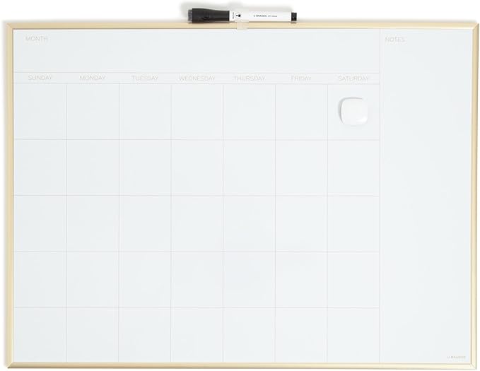 U Brands Magnetic Dry Erase Calendar White Board for Wall, 24" x 18", Dry Erase Board White Board Calendar with Gold Aluminum Frame, Includes a Magnet and a Marker