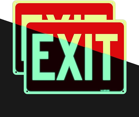T&R Exit Sign - 2 Pack - 10 x 7 Inches Rust Free .040 Aluminum Glow-In-The-Dark - UV Protected, Waterproof, Weatherproof and Fade Resistant - 4 Pre-drilled Holes