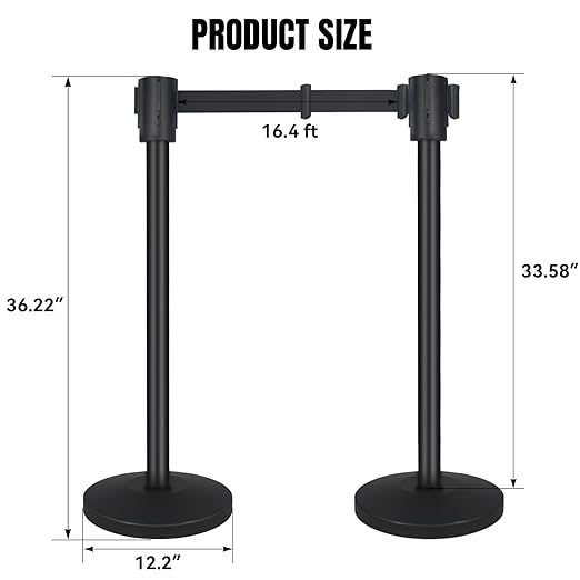 QKA Crowd Control Barriers with 16.4' Retractable Belt 2Pack Stainless Steel Stanchion Posts Queue Line Pole Stanchions, Black
