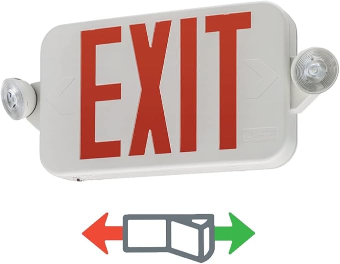 Lithonia Lighting Basics LED Exit Sign/Emergency Light Combo, Red/Green Switchable Exit Sign and Emergency Lights for Business, 2-Head Fixture, Round Lamp Heads, White (ECRG RD M6)