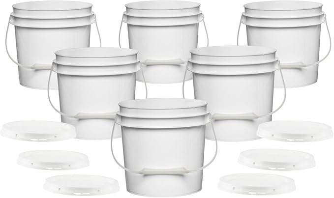 House Naturals 1 Gallon White Plastic Bucket Pail Food Grade BPA Free with Gasket Lid (Pack of 6) Made in USA
