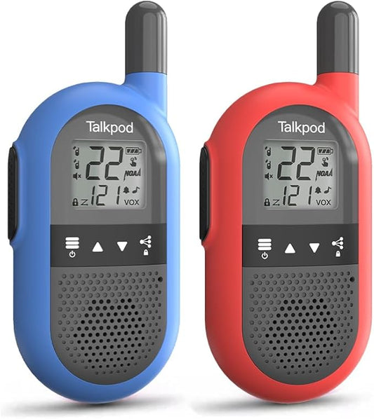 Talkpod F40 Walkie Talkies 2 Pack for Kids, Adults, Handheld FRS 2 Way Radio with Li-ion Battery 22CH Family Walkie Talkie with VOX LCD Display for Outside Adventures, Camping, Hiking (Red ＆ Blue)