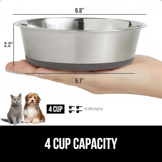 GORILLA GRIP Dog Bowls, Holds 4 Cups Each (32 fl oz), Heavy Duty Stainless Steel Food and Water Bowl for Feeding Dogs and Cats, Dishwasher Safe, Rust Resistant, BPA Free Rubber Base, Set of 2 Black