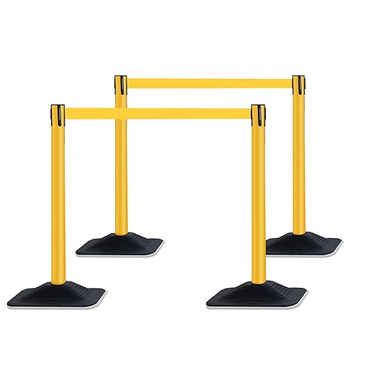 10 ft Crowd Control Stanchion Set, Crowd Control Barrier, Stanchions with Retractable Belts & Water Filled Base, Retractable Stanchions, Queue Management Stanchion (4 Pack) (Yellow)