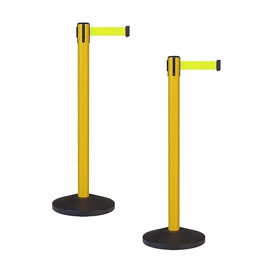 Crowd Control Warehouse - CCW Set of 2 Safety Retractable Belt Barrier Stanchion, Sloped Base, Yellow Post, RBB-100-9 ft Belt, Fluorescent Yellow Belt