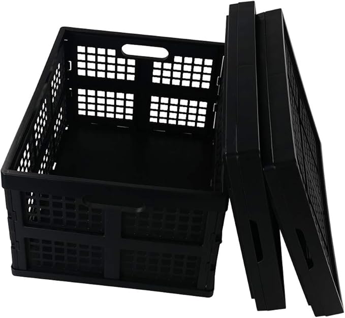 Morcte 34 L Plastic Rectangular Collapsible Crates, Folding Crates Storage, Pack for 3, Black