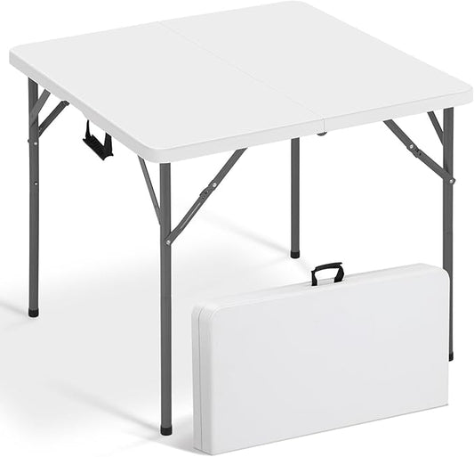 34" Square Folding Table, Portable Folding Card Table with Collapsible Legs & Carrying Handle, Plastic Tables for Camping,Picnic, Office, Party, White