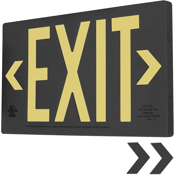 LFI Lights® UL 924 Listed 50’ Photoluminescent Exit Sign, Black Thermoplastic Housing, Double Sided, Wall, Ceiling or Side Mount, Optional Arrows, Glow in the Dark, No Power or Battery Needed, PA3B50D