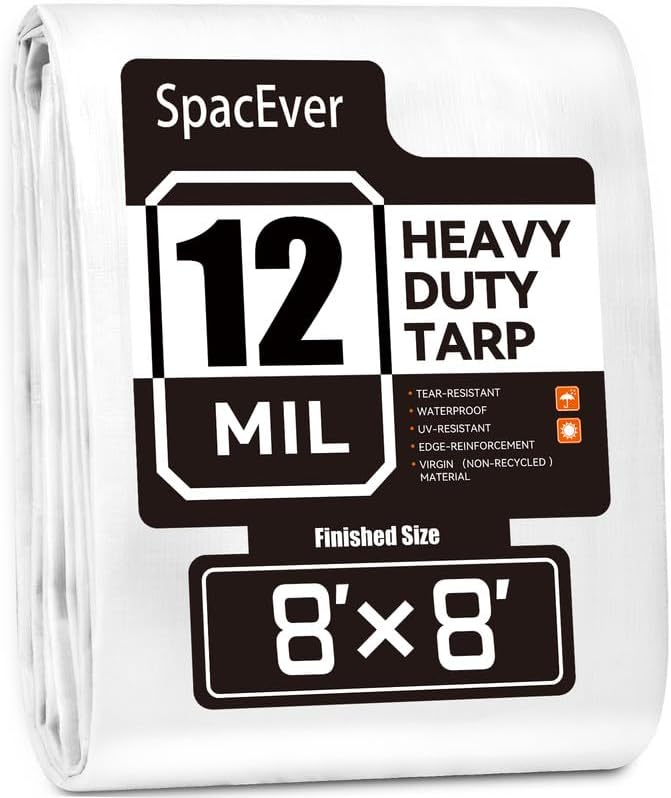 Tarp Heavy Duty 8x8 FT, 12 Mil Thick Large Tarps Water-Proof with Grommets, UV& Tear Resistant, Plastic Cover for Pool Roof Tent Outdoor Firewood, White