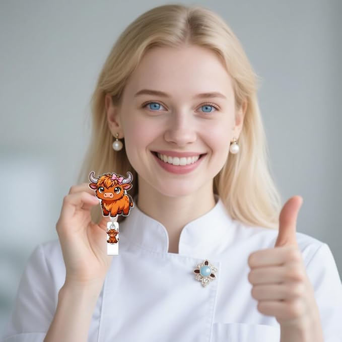 Cute Highland Cattle Badge Reel for ID Card, Funny Bow Cattle Retractable Nurse Alligator Clip Badge Reel for Women, ID Name Tag Badge Holder for Office School Hospital Nurses Doctors Teachers