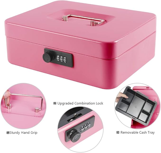 Kyodoled Large Cash Box with Combination Lock,Safe Metal Money Box with Money Tray for Security Lock Box 9.84"x 7.87"x 3.54" Pink Large