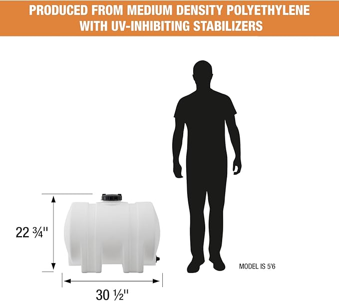 RomoTech 35 Gallon Polyethylene Storage Tank with Legs–Heavy-Duty Horizontal Water Storage Tank for Farms, Industrial or Chemical Use–UV-Resistant, Rustproof, BPA-Free Plastic Liquid Tank, 82126189