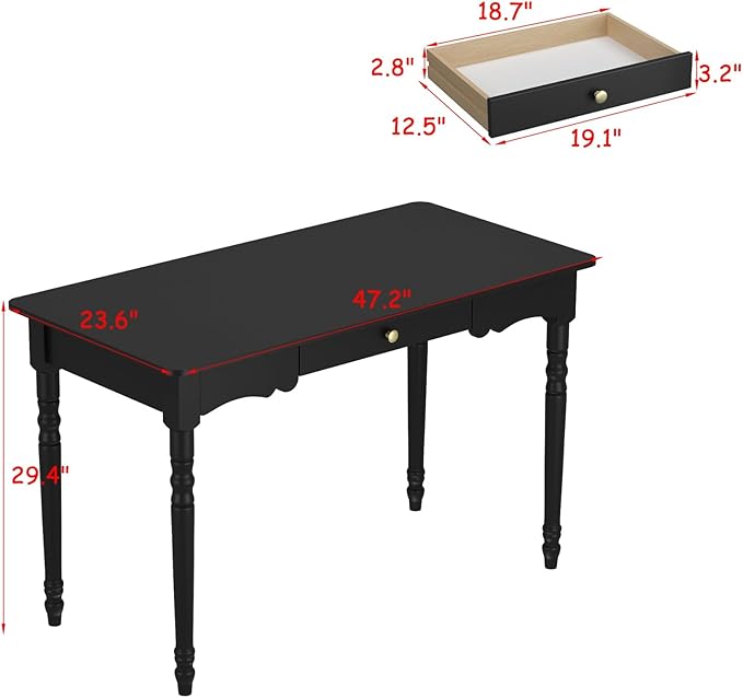 MOUMON Writing Desk with a Drawer, 47.2” Small Computer Desk for Home Office, Wood Study Table Craft Desks for Living Room Bedroom, Round Edge, Black, 23.6”D x 47.2”W x 29.4”H