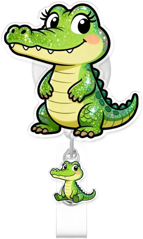 Cute Crocodile Badge Reel for ID Card, Funny Green Crocodile Retractable Nurse Alligator Clip Badge Reel for Women, ID Name Tag Badge Holder for Office School Hospital Nurses Doctors Teachers
