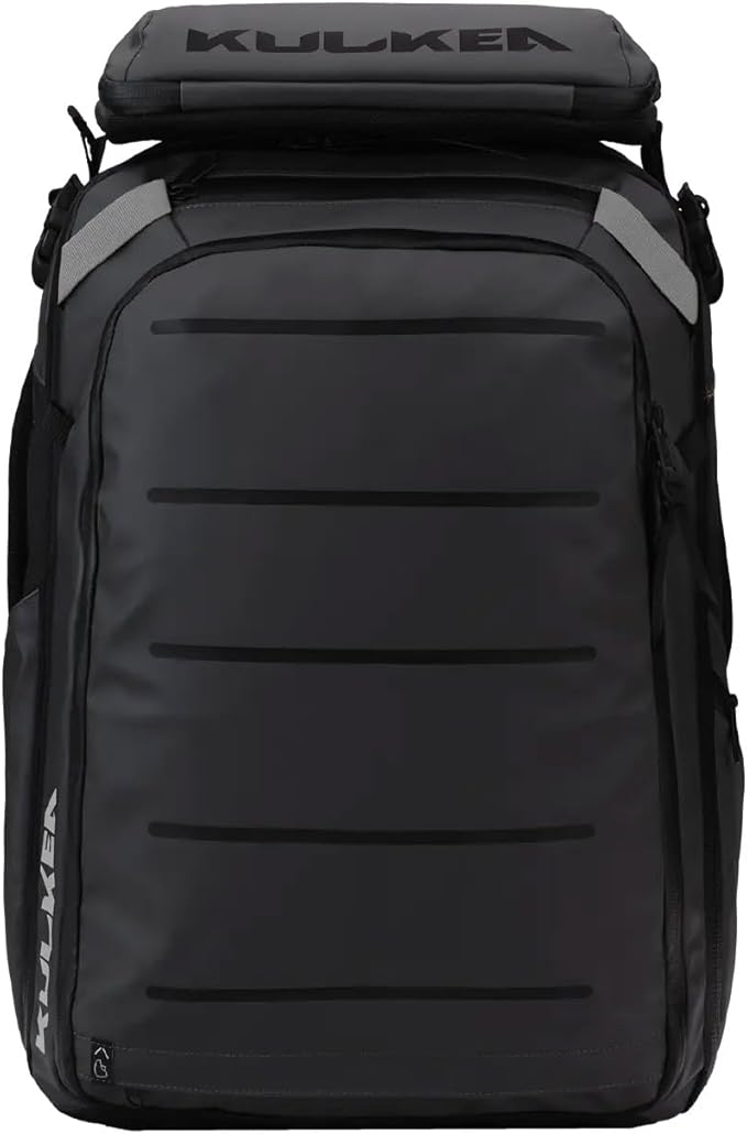 Käydä 44L Travel Backpack - Spacious Carry On Backpack with Detachable Travel Pouch, Magnetic Water Bottle Pocket, Passport and Laptop Pocket - Convertible Boot Bag for Snow Sports (Black/Silver)