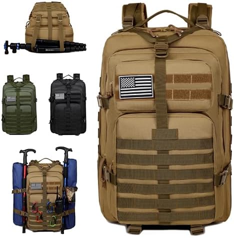 Military Tactical Backpack, Large Black MOLLE Assault Pack with American Flag Patch, 45L Waterproof Rucksack for Outdoor Hiking Camping (Brown)