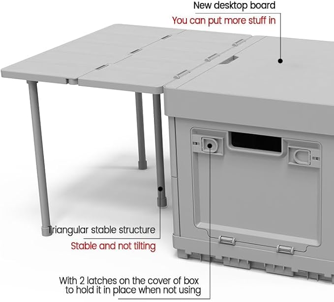 Folding Storage Camping Box with Table,3 in 1 Lightweight Camp Storage Box with Parking Warning Sign,Portable Foldable Compartment Table for Indoor, Outdoor, Fishing, BBQ, Picnic, Gray