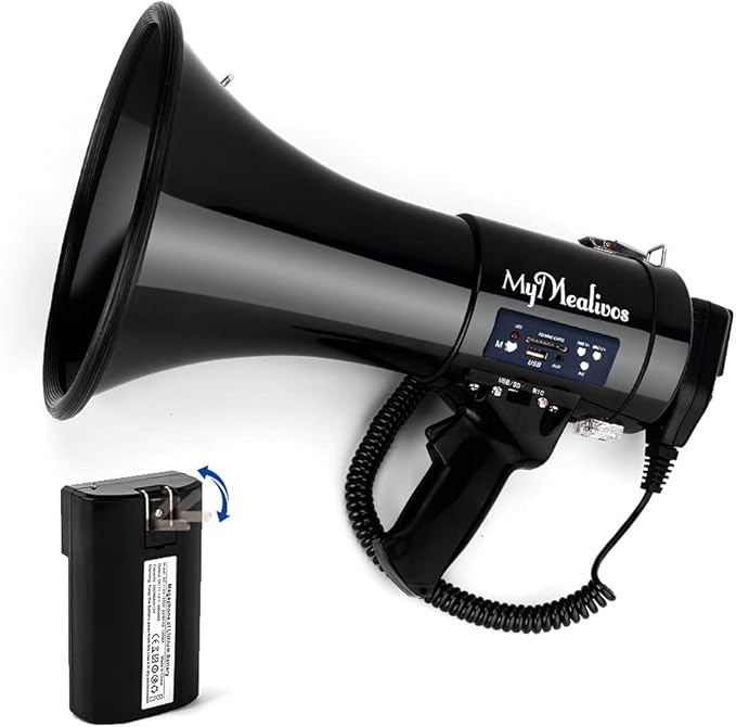 MyMealivos Bluetooth Megaphone with Siren Bullhorn 50 Watt Bullhorn Speaker with Detachable Microphone, Portable Lightweight Strap & 3.5mm Aux Input