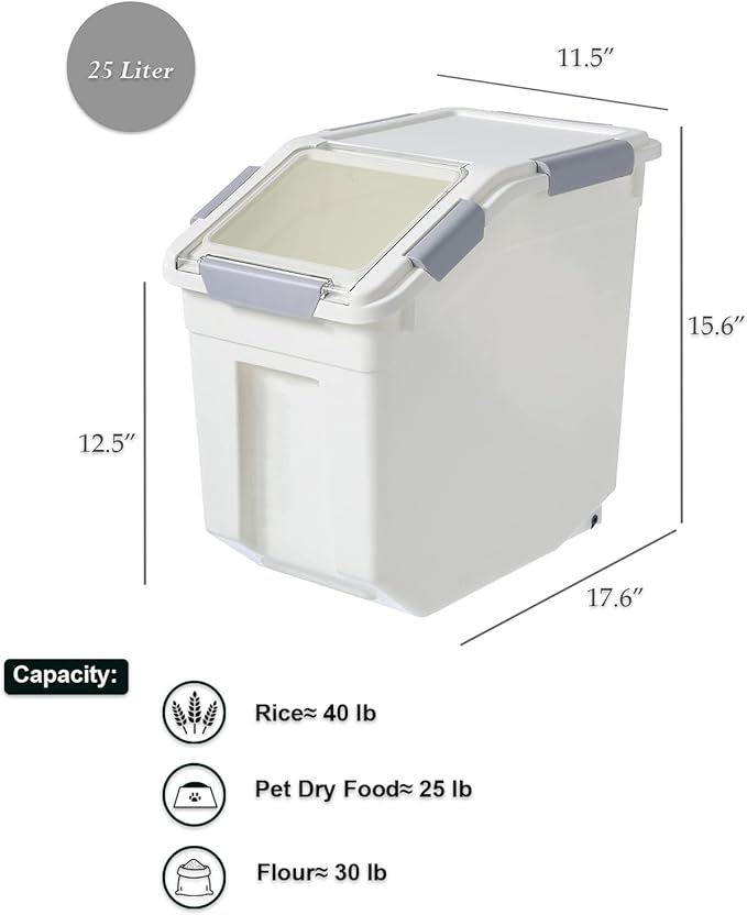HANAMYA 25 Liter / 40 lbs Rice Storage Container with Measuring Cup, BPA free, For Rice | Grain | Pet Food | Flour, 1 count, White