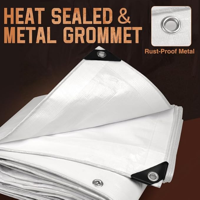 Tarp Heavy Duty 8x8 FT, 12 Mil Thick Large Tarps Water-Proof with Grommets, UV& Tear Resistant, Plastic Cover for Pool Roof Tent Outdoor Firewood, White