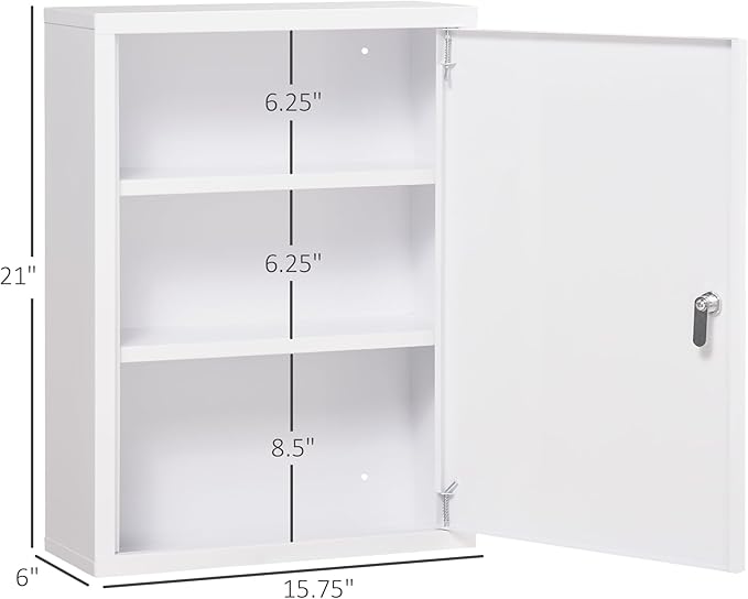 kleankin 16" x 21" Wall Medicine Cabinet with Lock, 3 Tier Steel Locking Wall Cabinet for Bathroom, Kitchen with 2 Keys, White