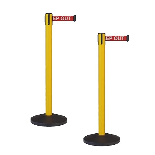 Crowd Control Warehouse - CCW Set of 2 Safety Retractable Belt Barrier Stanchion, Sloped Base, Yellow Post, RBB-100-11 ft Belt, Red with"Danger - Keep Out" White Letters Belt