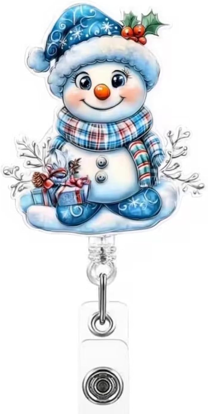 Snowman Badge Reel Winter Snowman Badge Holder with Alligator Clip, Retractable Acrylic Badges Reels ID Name Badge Clip for Nurse Nursing Student Hospital Office Teacher Holiday Badge Accessories