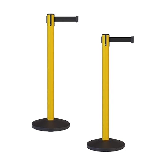 Crowd Control Warehouse - CCW Set of 2 Safety Retractable Belt Barrier Stanchion, Sloped Base, Yellow Post, RBB-100-9 ft Belt, Black Belt