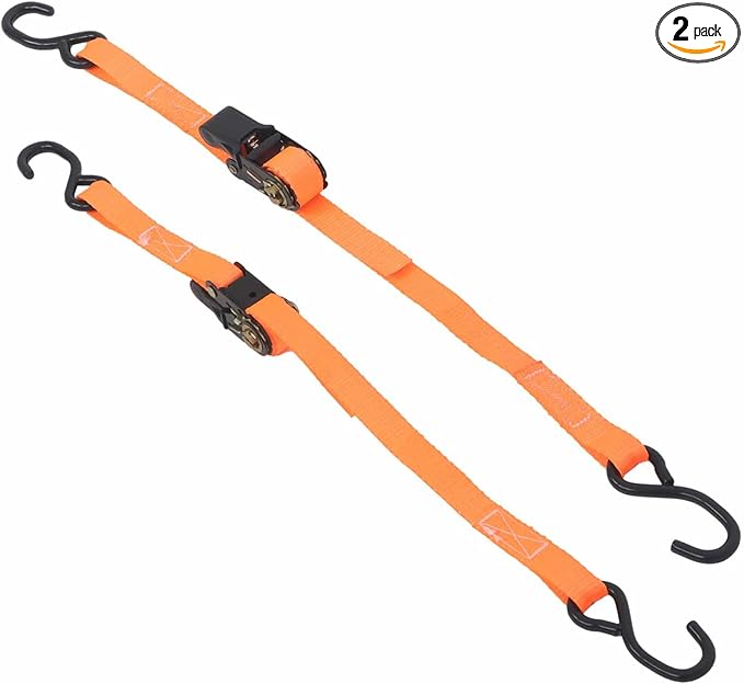 findmall 2Pcs 4Ft Ratchet Strap 1 Inch Fracture Strength 2400Lbs Orange S Hooks Tie Down Straps for Moving Motorcycle, Appliances, Equipment